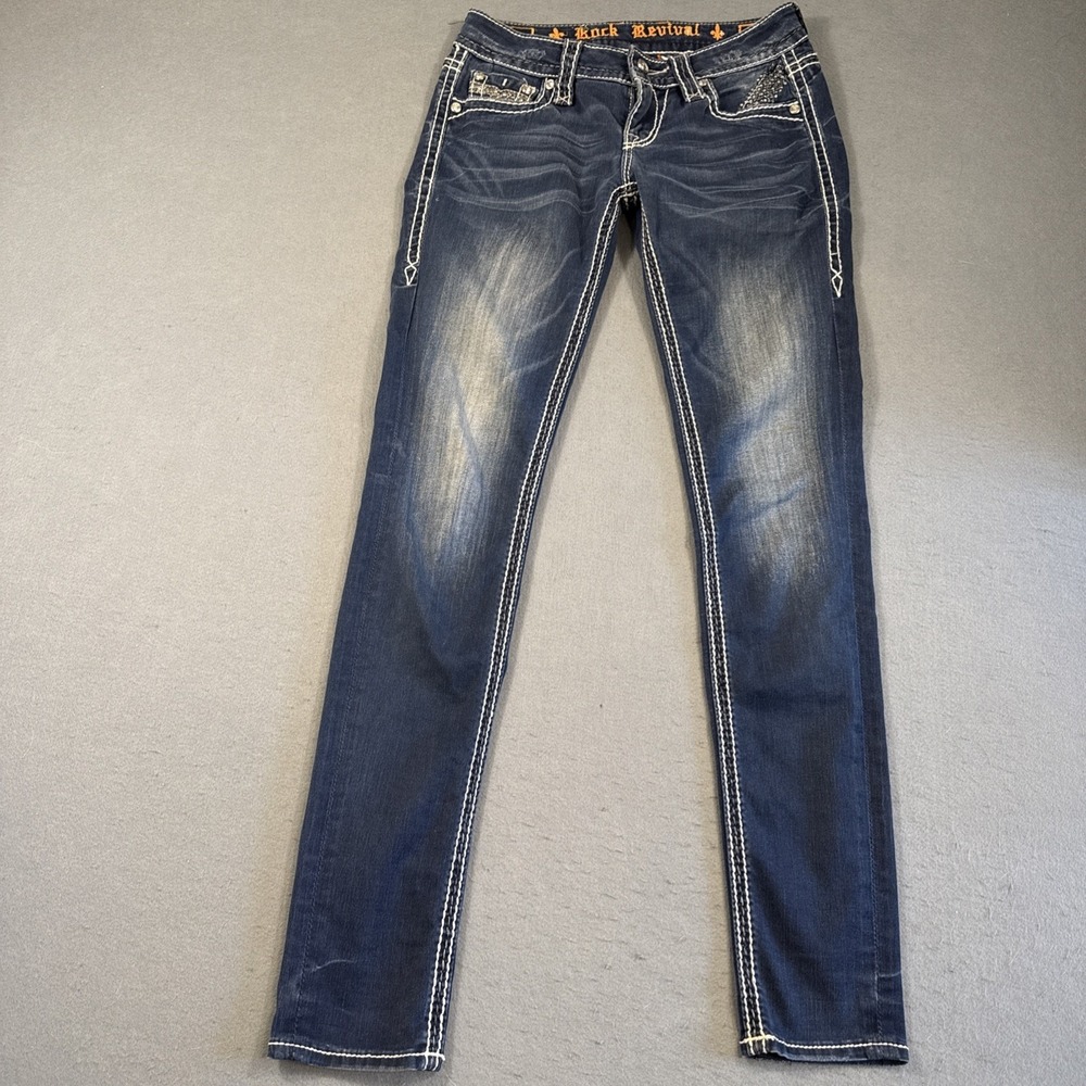 Rock Revival Women 25/31 Sherry Skinny Jeans EMBELISHED RHINESTONES THICK STITCH - Picture 3 of 10